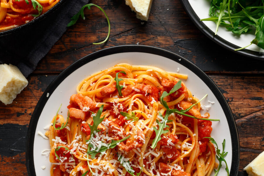 Spaghetti alla Amatriciana with pancetta bacon, tomatoes and pecorino cheese.